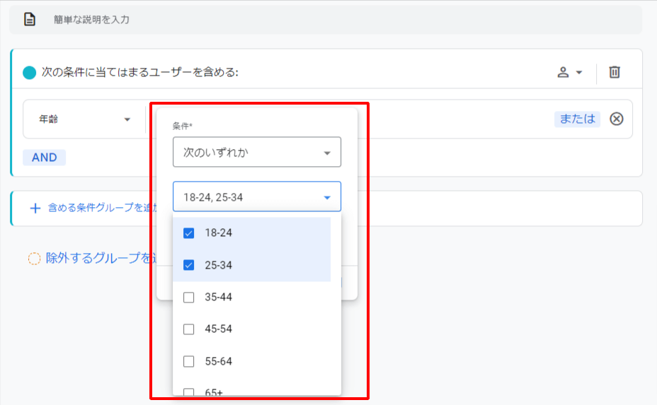 「次のいずれか」「18~24歳」「25~34歳」設定 キャプチャ